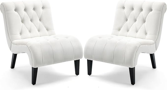 AVAWING Armless Accent Chair Set of 2 Upholstered Button Tufted Living Room Chairs with Wood Legs Comfy Frosted Velvet Lounge Chair Reading Chair for Bedroom Cream White