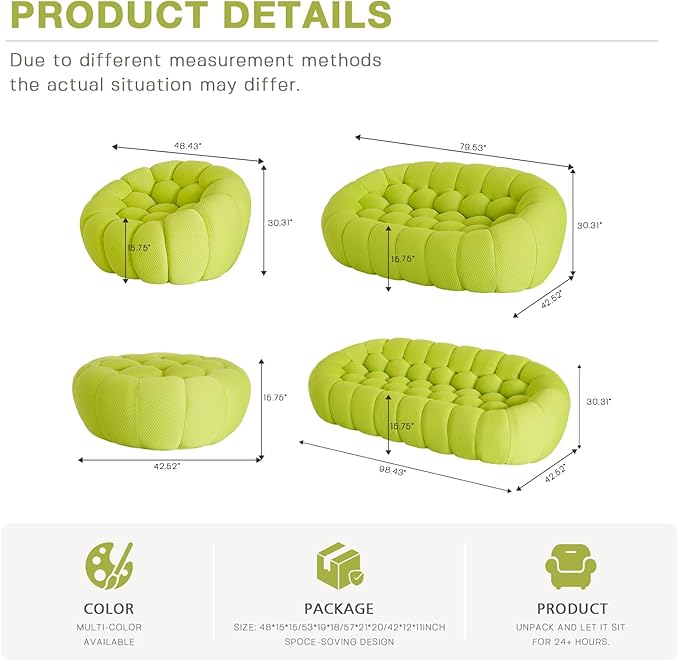 WJShome Bubble Couch42 Modern Curved Sofa Morden Lazy Floor Sofa Memory Foam Bean Bag Floor Couch Lounge Chair for Living Room Office Apartment (Lemon Green)