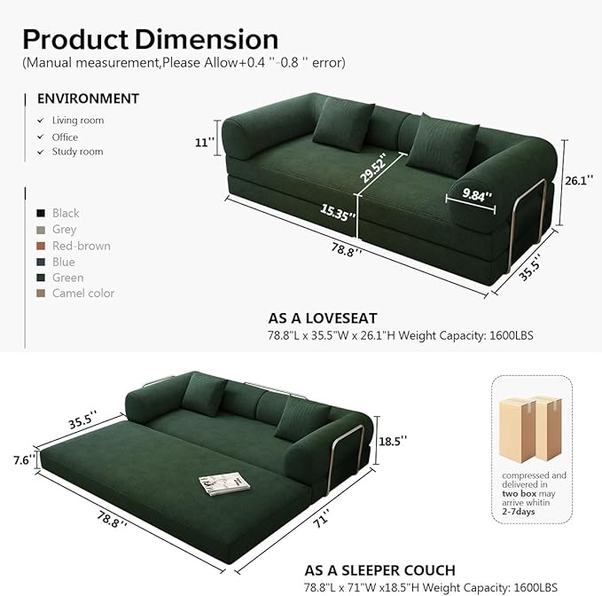 78.8 Modular Sofa Bed - 4-in-1 Convertible Design with Corduroy Fabric and High Density Sponge Removable Cover and Fixed Frame