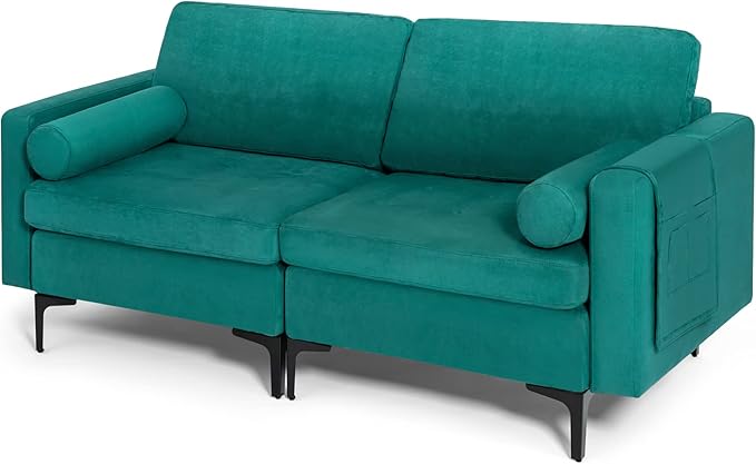 Giantex 68 Modern Loveseat 2-Seater Sofa Couch Thick Cushion &amp 2 Bolsters Armrest Magazine Cabby with 2 Pockets Metal Legs Ideal for Living Room Reception Room Office