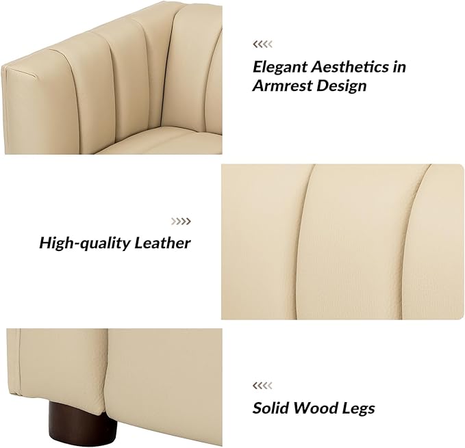 HULALA HOME 83 Genuine Leather Sofa with Channel Tufted Design 3-Seater Sofa for Living Room Bedroom Modern Oversized Couch with Wood Legs Beige