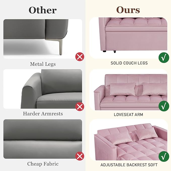 3 in 1 Convertible Sleeper Sofa Futon BedModern Velvet Pull Out Couch Bed with Reclining Backrest&amp2 Pillows54 Full Size Small Love Seat Lounge Couches for Small SpacesLiving Room (Pink)