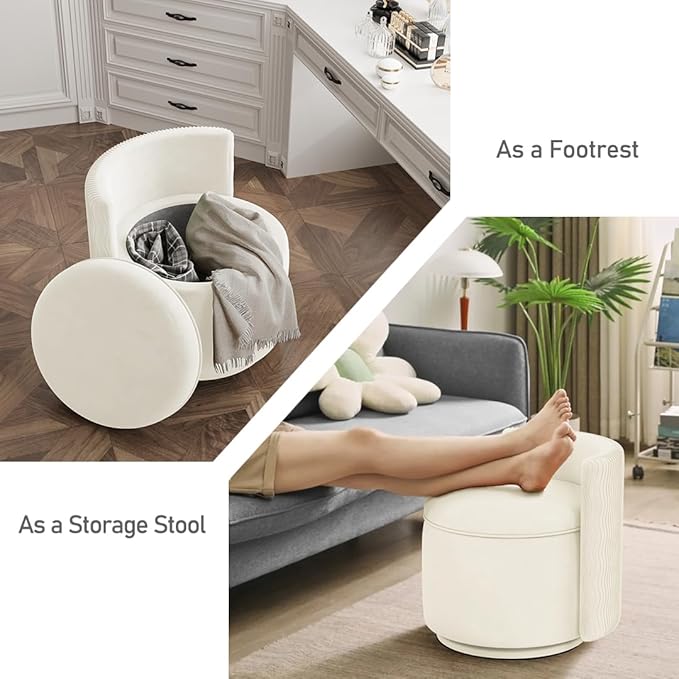 360° Swivel Accent Chair with Storage Vanity Stool with Back Velvet Storage Ottoman Upholstered Round Barrel Vanity Chair for Living Room Makeup Room Bedroom (Off White)