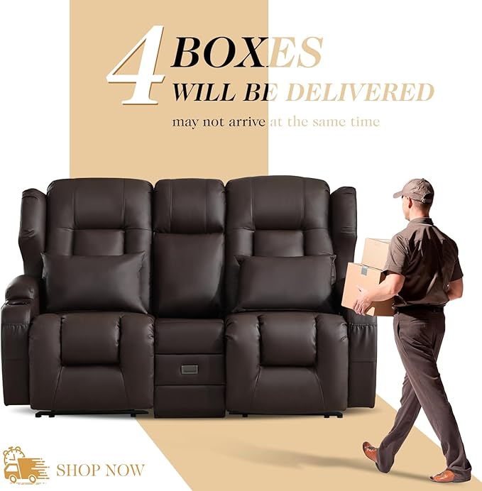 Loveseat Recliner Sofa with DIY LED LightsRV Couch Wall Hugger Recliners with Flip-up ConsoleReclining Loveseat Sofa Recliner with Smart LED Lights/Cup Holders/Lumbar PillowsRV FurniturePU Brown