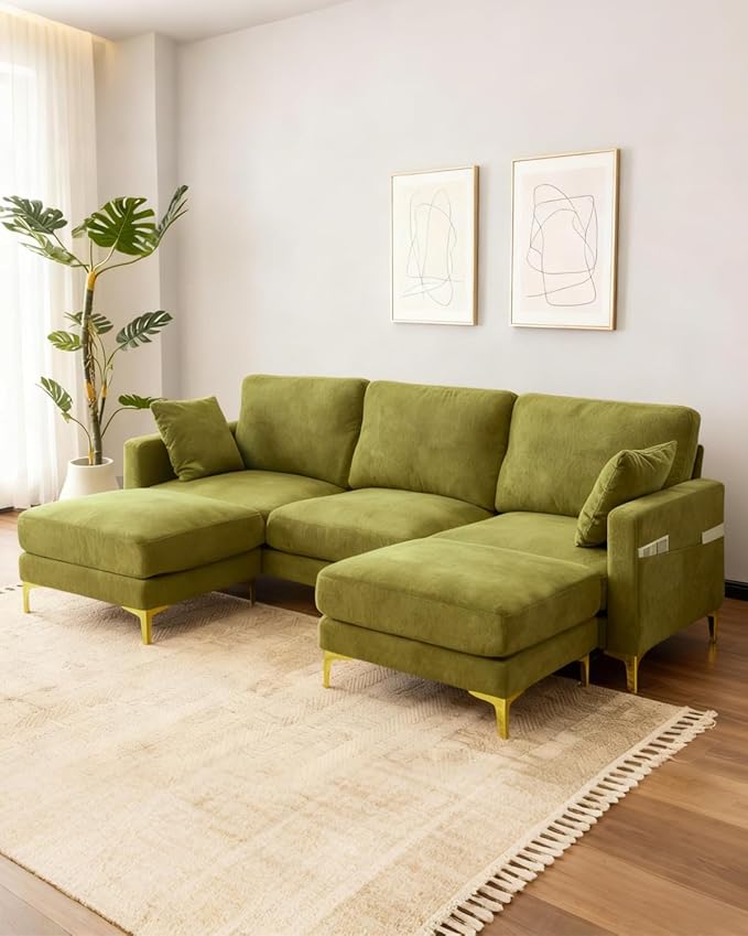 Karl home 99.6 Sectional Sofa U-Shaped Chenille Upholstered Couch with 2 Movable Ottomans 3-Seater Cloud Couches Comfy Deep Seat Sofa for Living Room Apartment Office Green
