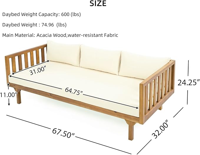 Merax Solid Acacia Wood Couch Chaise Lounge Chair Indoor 3 Seater Daybed Sofa Couches with Cushions &amp Pillow Heavy Frame Day Bed for Living Room Office Outdoor Balcony Patio Water Resistant