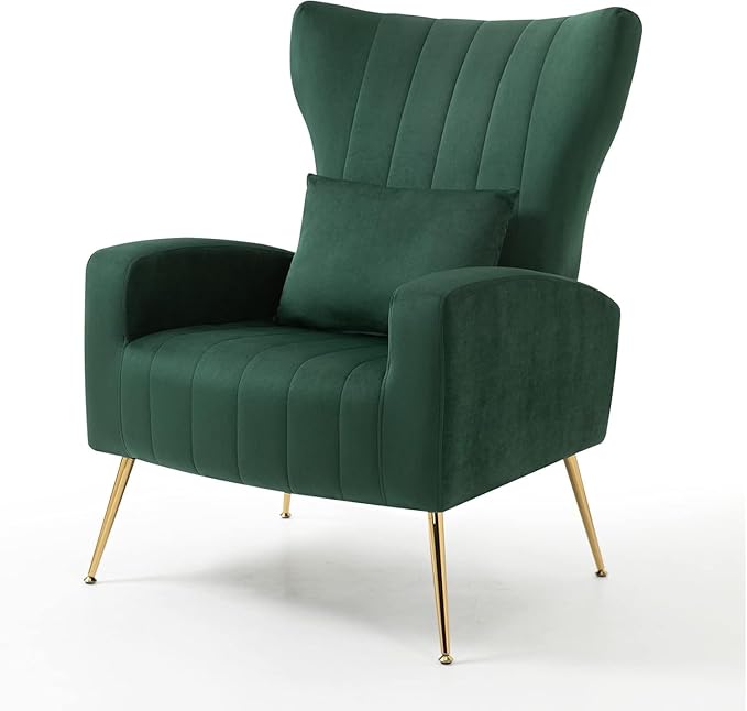 Modern Accent Chairs Set of 2 Wingback Chair with Arm &amp Gold Legs Living Room Bedroom Side Chair with Lumbar Pillow Velvet Upholstered Channel Tufted Green