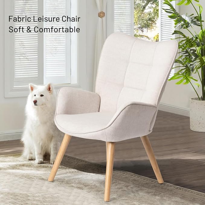 FurnitureR Upholstered Tufted Wingback Chair Fabric Living Room Leisure Chair Comfortable Stylish with Solid Wood Legs Accent Armchairs High Back Ergonomic for Bedroom/Lounge Beige/Oak