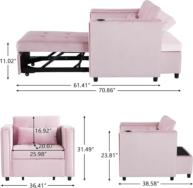 AVZEAR 4-in-1 Convertible Single Sofa Chair Bed with Pillow Multi-Functional Sleeper Chair with Adjustable Backrest Modern Velvet Sleeper Chair Bed for Living Room Apartment Small Space Pink