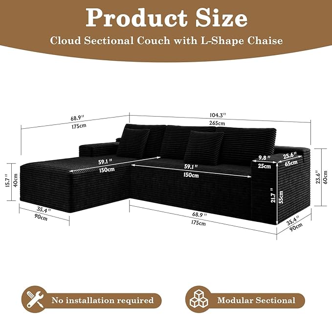 104 Boneless Couch with Chaise Sectional Couches for Living Room L Shaped Couch 4 Seat SofaCompression Sofa for Bedroom Comfy No Assembly Corduroy (Black Left)