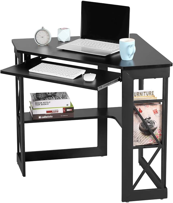 VECELO Corner Desk Computer Desk Writing Table with Smooth Keyboard Tray &amp Storage ShelvesCompact Home Office Triangle TableBlack