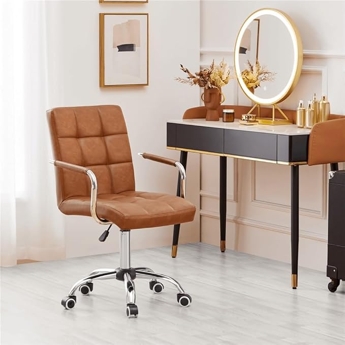 Butterslay Mid-Back PU Leather Office Chair with Armrests 360° Swivel Rolling Height Adjustable Desk Chair with Lumbar Support for Home Office Bedroom White/Pink/Brown/Retro Brown (Retro Brown)