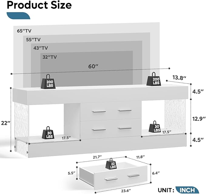 Bestier Modern 60 Inch TV Stand for 65/60/55+ TV High Gloss White Entertainment Center with 2 Drawers &amp LED Lights Stone-Pattern Side Panels TV Consoles for Living Room Bedroom