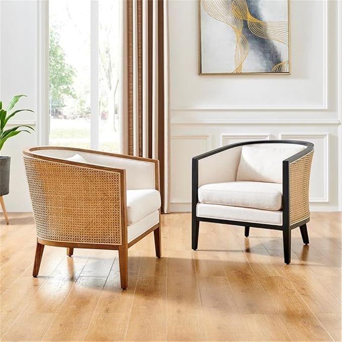 Pemberly Row Accent Arm Chair Rattan Frame with Black Legs Natural Linen Cushion Barrel-Back Design 300 lbs Weight Capacity 28 W x 30 D x 29.5 H Living Room Seating