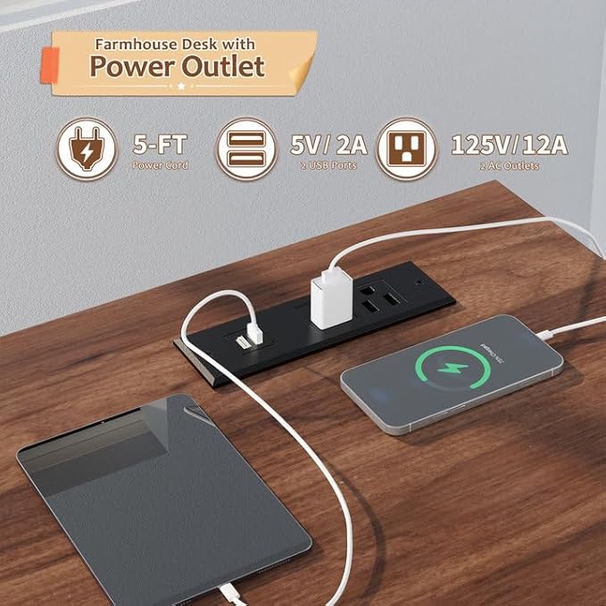 EnHomee 32 Inch Small Desk with Storage Bag Detachable Gaming Desk with Power Outlet Modern Simple Home Office Desk and Writing Desk for Small Spaces Study Desk for Bedroom Brown &amp White