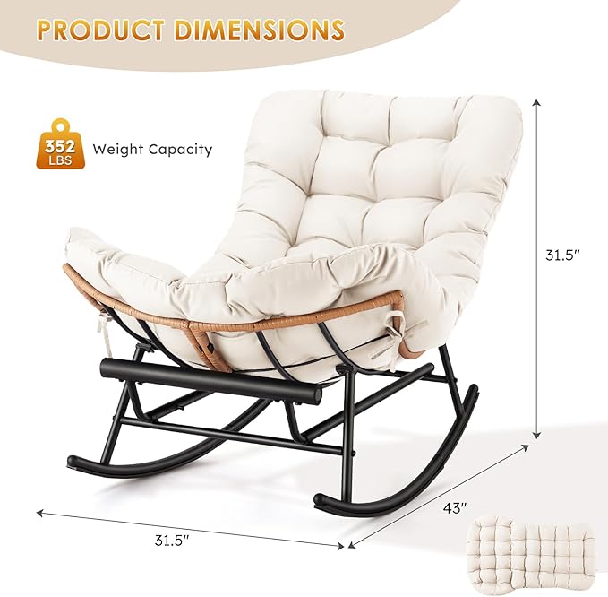 IDEALHOSUE Papasan Rocking Chair with Foot Rest Ergonomic Papasan Chair with Thick Waterproof Cushion Metal Frame &amp PE Rattan Lounge Chairs for Living Room Bedroom Relaxation Space