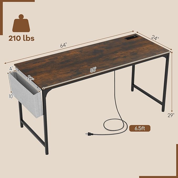 Tangkula 60” Large Computer Desk with Charging Station Modern Simple Study Writing Desk with Storage Bag Headphone Hook Sturdy Metal Frame Home Office Workstation