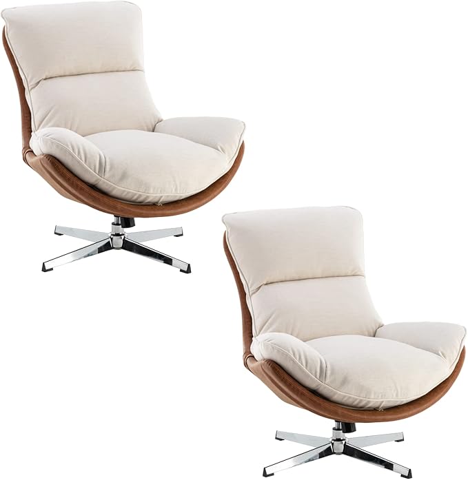 HEAH-YO Swivel Accent Chairs Set of 2 Modern Living Room Chairs with Backrest Upholstered Linen Armless Reading Chairs for Bedroom Beige