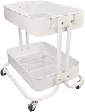 2 Tier Under Desk Storage Cart with Wheels Heavy Duty Metal Short Rolling Pantry Storage Cart for Small Space Utility Trolley for Kitchen Bathroom Laundry Cute Snack Craft Organizer White