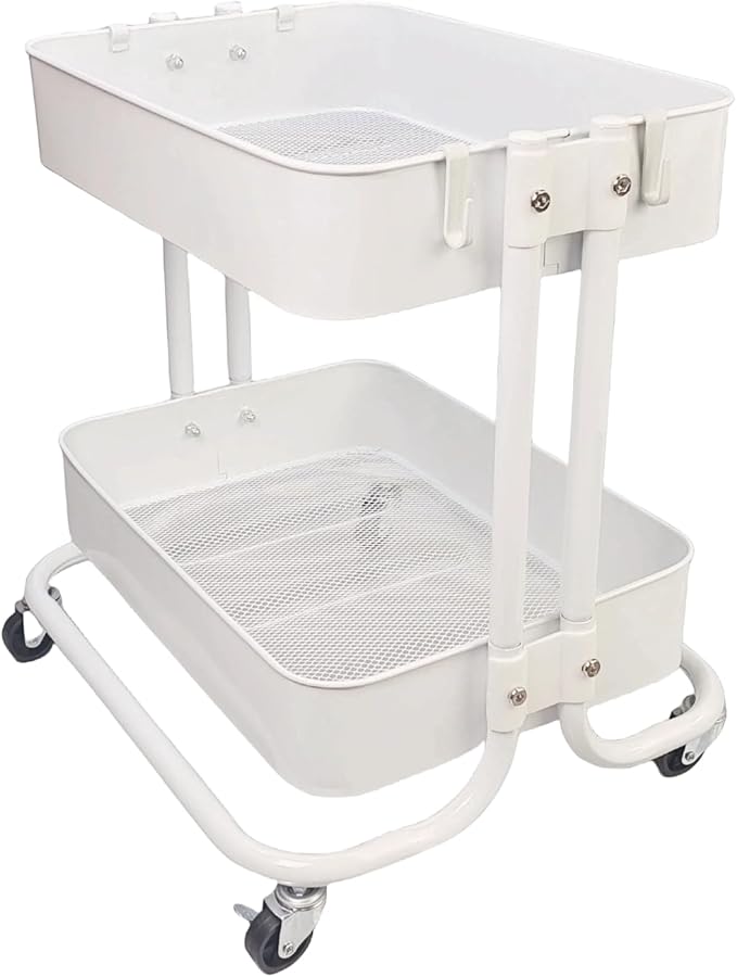 2 Tier Under Desk Storage Cart with Wheels Heavy Duty Metal Short Rolling Pantry Storage Cart for Small Space Utility Trolley for Kitchen Bathroom Laundry Cute Snack Craft Organizer White