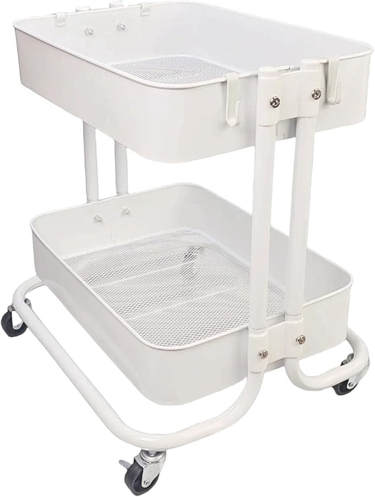 2 Tier Under Desk Storage Cart with Wheels Heavy Duty Metal Short Rolling Pantry Storage Cart for Small Space Utility Trolley for Kitchen Bathroom Laundry Cute Snack Craft Organizer White