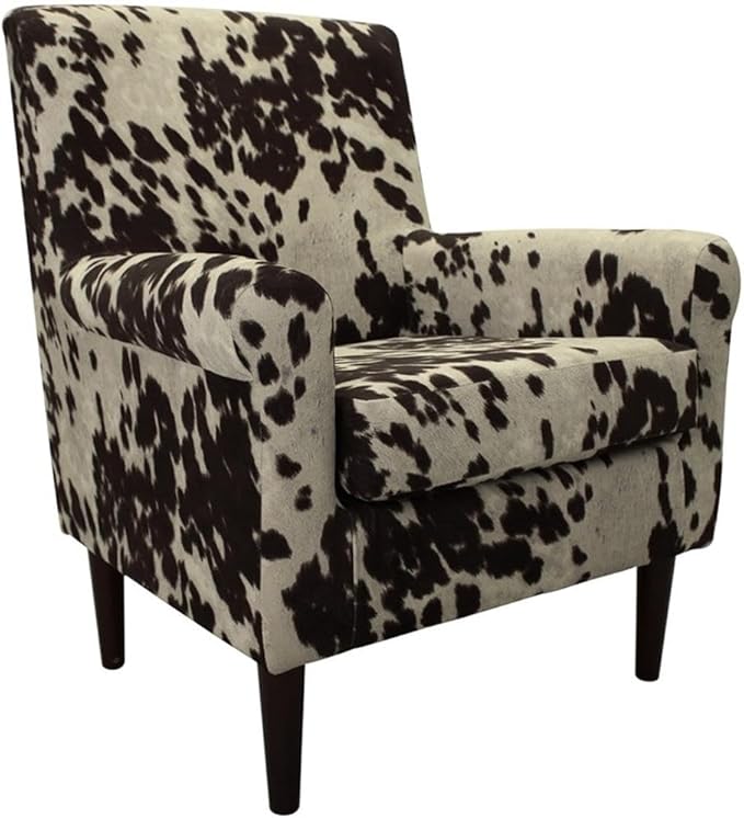 Pemberly Row Rolled Arm Lounge Chair 35 H x 28 W x 30 D Fabric Cowprint Design Cowhide Brown Finish Contemporary Accent Chair for Living Room or Bedroom