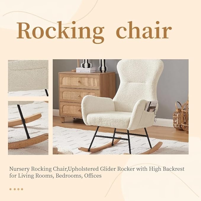 Nursery Rocking ChairUpholstered Glider Rocker with High Backrest for Living Rooms Bedrooms Offices (Beige Teddy)