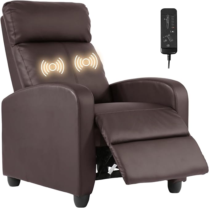 Recliner Chair Breathable Padded PU Leather Massage Single Sofa Recliners for Small Recliner Chair with Footrest Home Theater Seating for Bedroom Living RoomBrown