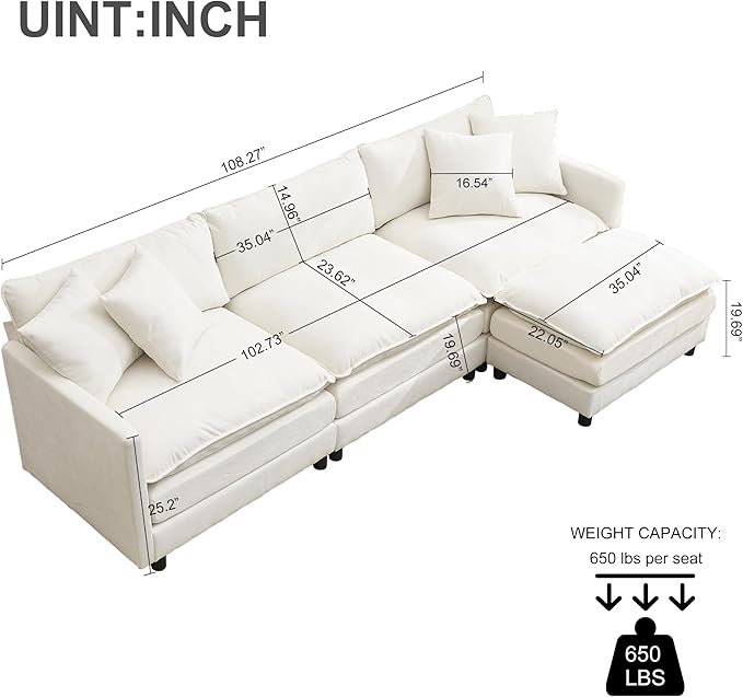 Modular Sectional Sofa108.27'' Modern Corduroy Sofa Set for Living Room with 3 Seat &amp 1 Ottoman &amp 3 Pillows Comfy Cloud Couches with Movable Ottoman DIY Combination Chenille (Beige L Shap