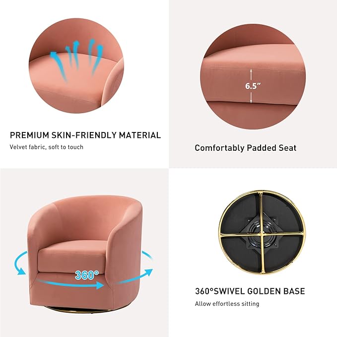 HULALA HOME Swivel Accent Chair with Gold Metal Base Set of 2 Contemporary Velvet Curved Swivel Barrel Chair Upholstered Club Armchair Leisure Single Sofa for Living Room Nursery Bedroom(Pink)