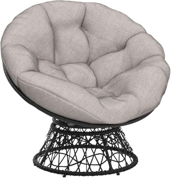 Bme 40 Ergonomic Wicker Papasan Chair with Soft Thick Cushion &amp Frame 360° Swivel Papasan Chair Circle Chair Reading Chair Chair for Living Room Bedroom Silver Cloud - Black Frame