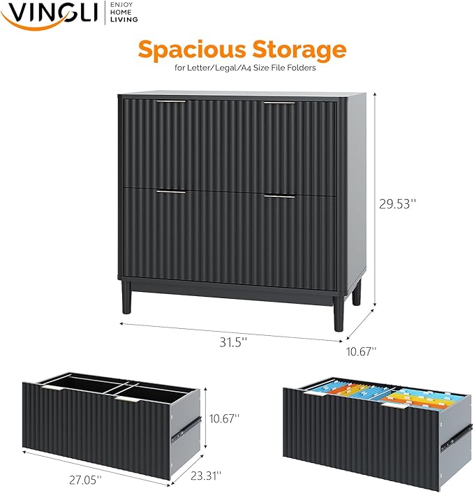VINGLI 2 Drawer File Cabinet Home Office Filing Organizer for Letter Legal A4 Size File Folder Storage Modern Style Fluted Design Wood Lateral Filing Cabinet Printer Stand Archivador Black