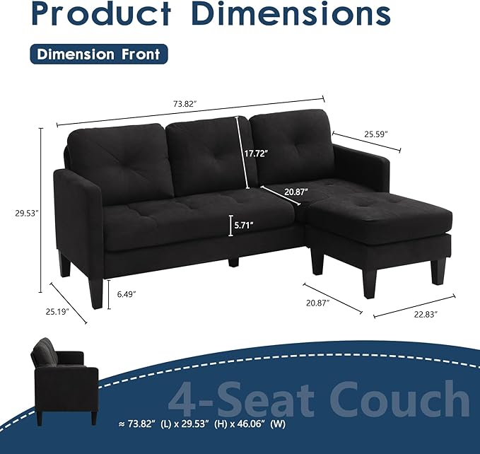 Convertible Sectional Sofa Couch Modern L-Shaped Couch 3-Seat Sofa Reversible Sectional for Living Room Apartment and Small Space (Black)