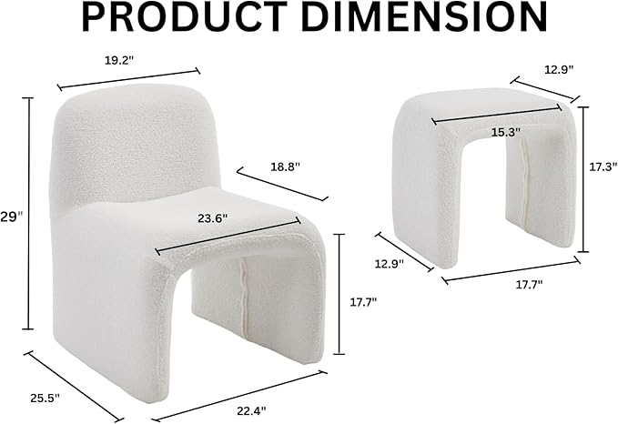 Modern Accent Living Room Chair with Ottoman Upholstered Boucle Lounge Chair Set Comfy Side Reading Chair for Living Room Bedroom Apartment Office White
