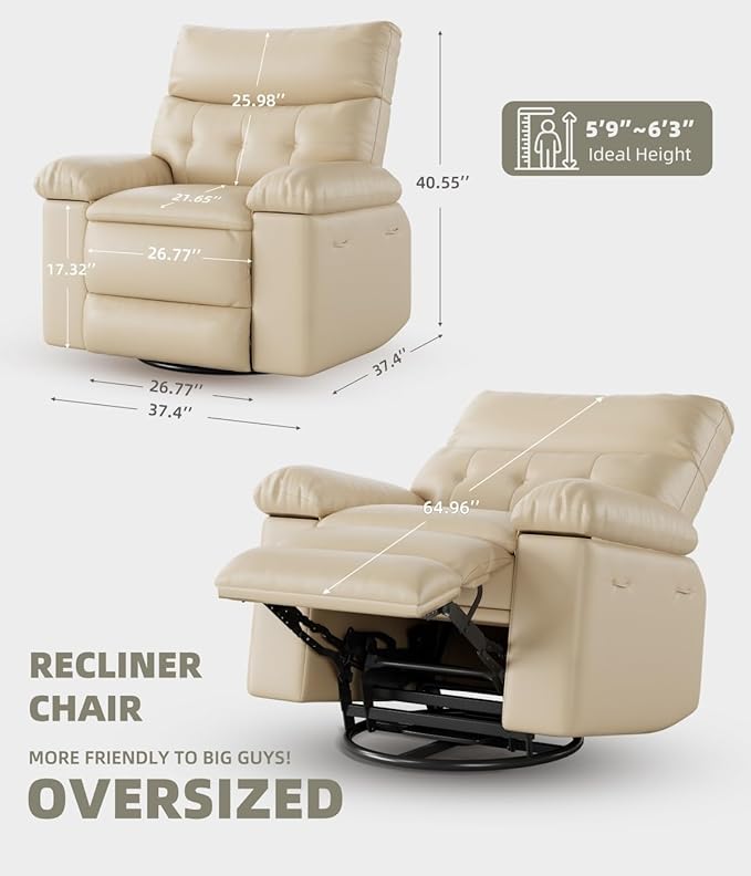 GarveeHome Oversized 27 Recliner Chairs Classic Manual Leather Recliner Home Theater Seating with Lumbar &amp Arms Support for Living Room Bedroom and Nursery - Beige