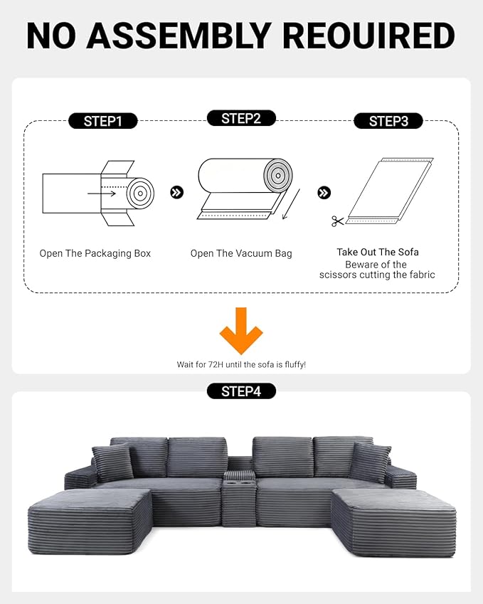 150 Oversized Modular Sectional Sofa Deep Seat Cloud L-Shape Corduroy Couch with Cup Holders USB Ports Wireless Charging &amp Storage Box Upholstered Modular Sleeper Sofa for Living Room (Grey)