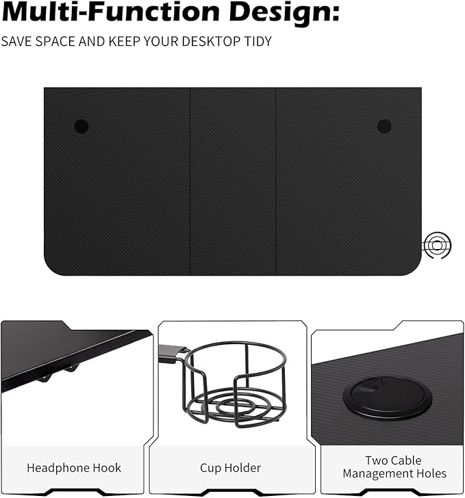 TOPSKY Gaming Desk Large Surface 63’’x31.5’’ with Cup Holder Headphone Hook and Cable Management (Black)