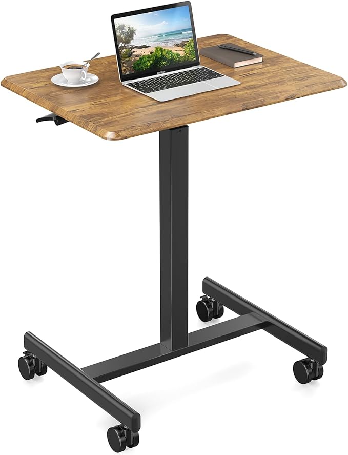 DUMOS Small Standing Desk Mobile Portable Rolling Laptop PC Table on Wheels Adjustable Height Computer Workstation for Home Office 19 Inch Brown