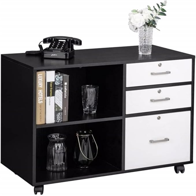 HASMI Filing Cabinet Wood Filing Cabinet with 3 Drawer and 2 Open Shelves Office Storage Cabinet with Wheel Printer Stand Storage Cabinet