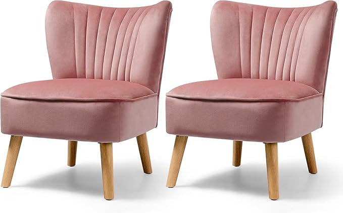 KOTEK Velvet Accent Chairs Set of 2 Modern Armless Accent Chair w/Solid Rubber Wood Legs Upholstered Side Chair Club Sofa Chair Slipper Chair for Living Room Bedroom (Pink)