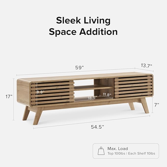 mopio Ensley 59 TV Stand with Slatted Door Mid Century Modern Entertainment Center for 55/60/65 inch TV Farmhouse Media Console with Storage Adjustable Shelves Round Edges Living Room (Oak)