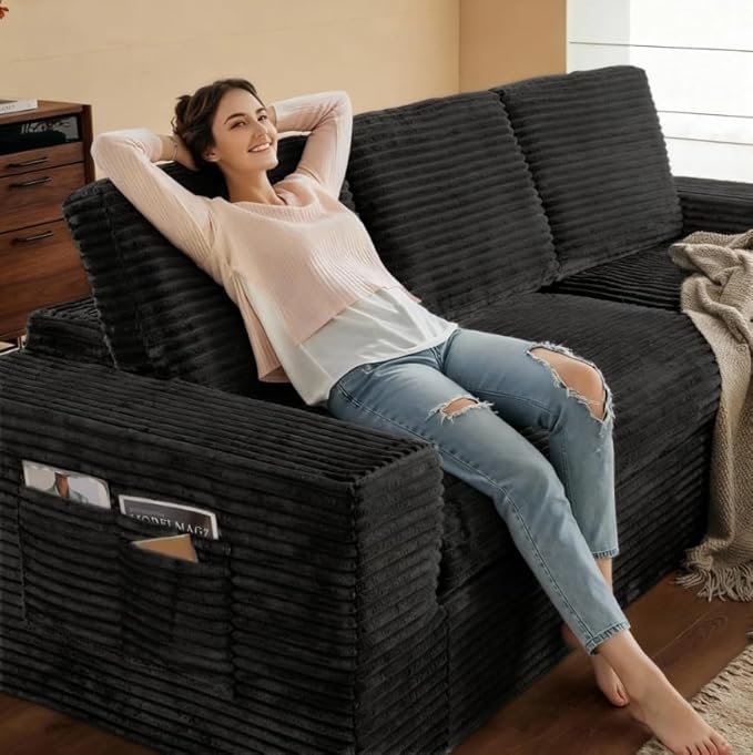 104 Modular Sectional Couch with Chaise Cloud Couch Deep Seat Fluffy Corduroy Sofa Memory Foam Boneless Couches for Living Room Bedroom No Assembly Required (Black 104 Right Chaise)