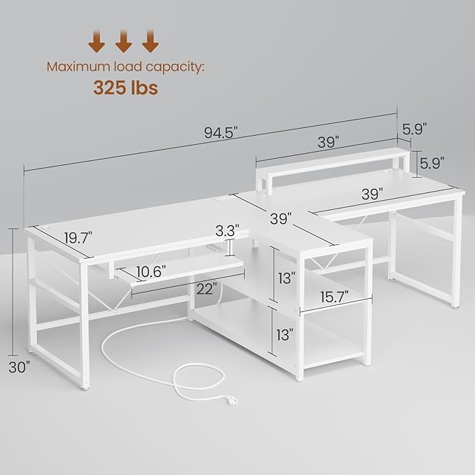 SEDETA 94.5 White Computer Desk Two Person Gaming Desk with LED Light Keyboard Tray Power Strip with USB Monitor Shelf &amp Storage Extra Long Double Desk for Home Office White