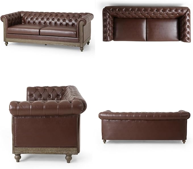 Merax PU Chesterfield Sofa Retro Style Upholstered 3 Seater Leather Couch Rolled Arm for Living Room Bedroom Office Dark Brown