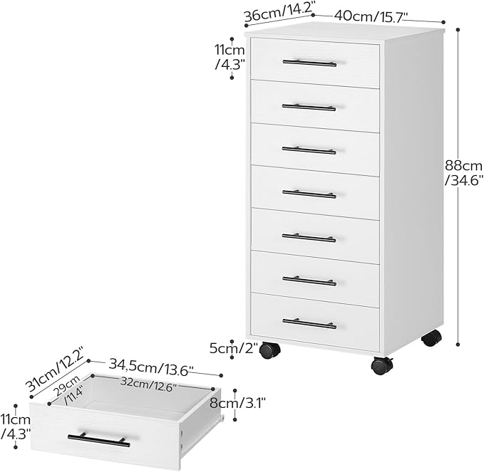 HOOBRO 7-Drawer File Cabinet Wooden Office Cabinet with Drawers Mobile Storage Filing Drawer for Home Office Study Easy Assembly White WT07WJ01