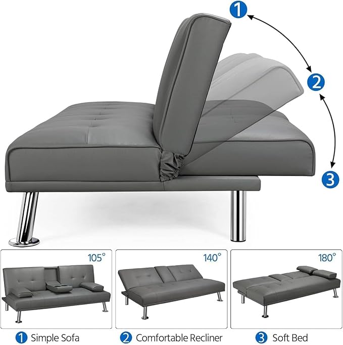 Futon Sofa Bed Modern Folding Couch for Small Space Faux Leather Convertible Loveseat Sleeper Bed Daybed Recliner Lounge Sofas for Living Room2 Cup HoldersMetal LegsRemovable Armrests (Gray)