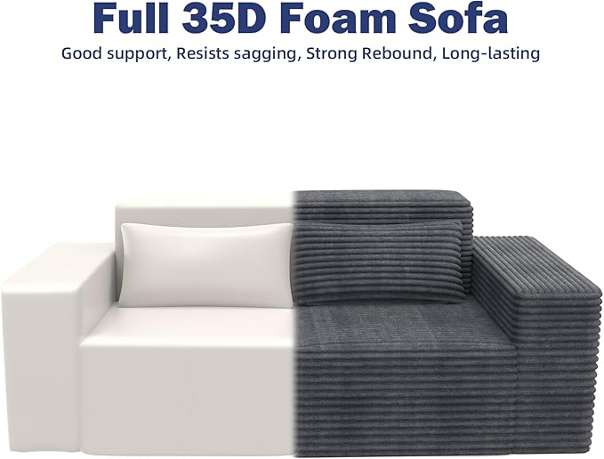 77 Cloud Sectional Boneless Loveseat Couch in a Box Modular Small Sofa with Deep Comfy Seat for Living Room Bedroom Apartment or Home Office No Assembly NeededCorduroy Gray