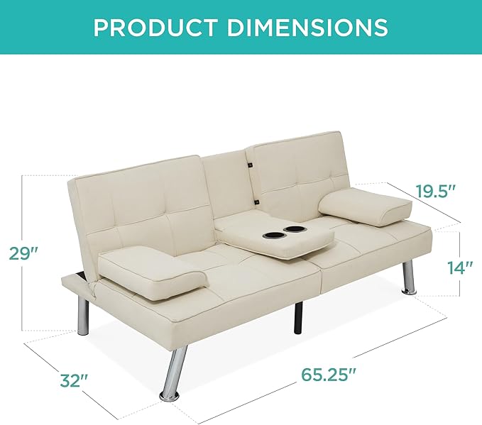 Best Choice Products Linen Modern Folding Futon Reclining Sofa Bed for Apartment Dorm w/Removable Armrests 2 Cupholders - Ivory