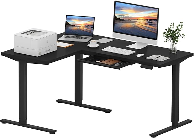SANODESK L Shaped Electric Standing Desk with Drawer 63 Inch Ergonomic Adjustable Height Desk with Storage Corner Desk Sit Stand up Computer Table for Work Office Home Black
