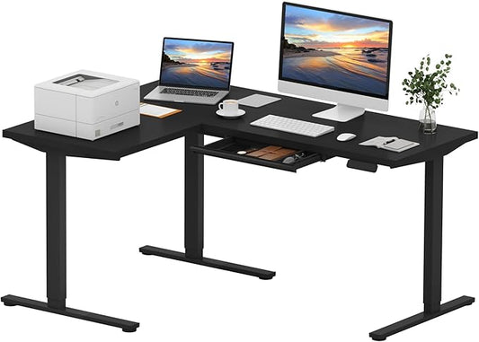 SANODESK L Shaped Electric Standing Desk with Drawer 63 Inch Ergonomic Adjustable Height Desk with Storage Corner Desk Sit Stand up Computer Table for Work Office Home Black